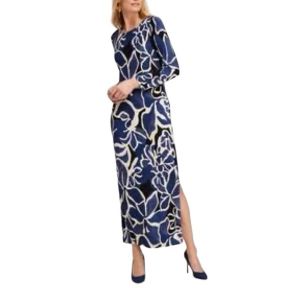 Chicos Maxi Dress Long Sleeve Slinky Jersey Leg Slit Blue Hawaiian Print 2X XXL - Picture 9 of 9
